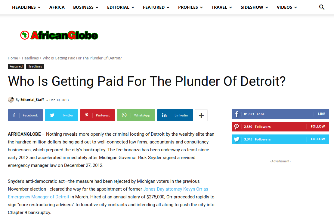 Who Is Getting Paid For The Plunder Of Detroit? AfricanGlobe.net article exposing Conflict of Interest by Crooked lawyers of Jones Day greedily consuming the funds of Detroit