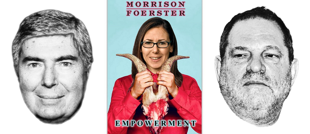 Morrison Foerster Succubus Tessa Schwartz shows the BigLaw firm Empowerment means gripping Evil when the money is right Tessa Schwartz with Harvey Weinstein and Judge James Peck in an Evil Pose