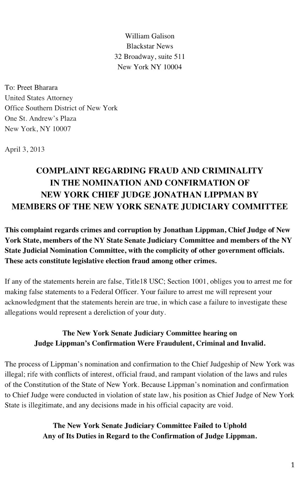 Complaint against Judge Lippmann to Preet Bharara page 1