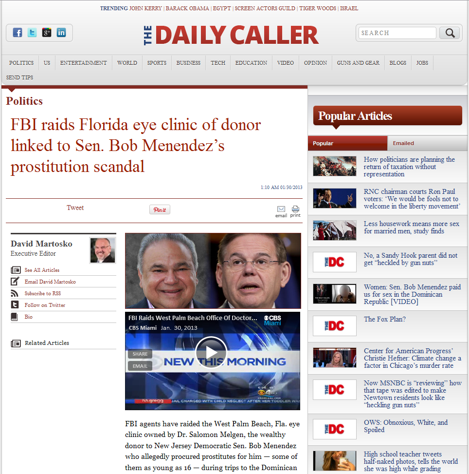 Thumbnail of Daily Caller article on Menendez Crime Association The Daily Caller rips open Bob Menendez Story