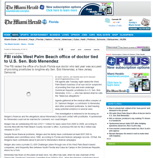 Miami Herald reports on Raid on Menendez Associate Hey Bob, it's time to try to cut a deal